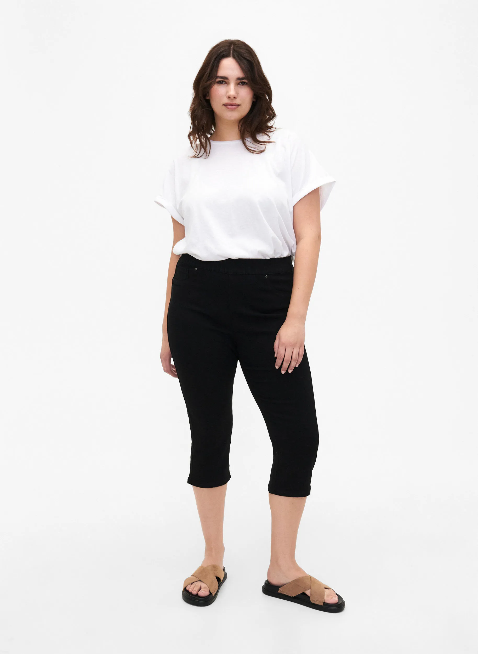 Denim capribroek met elastische tailleband